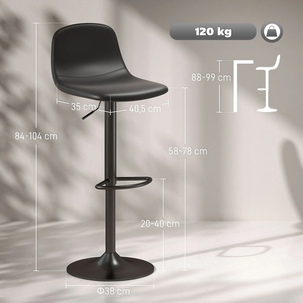 Conjunto 2 Bancos de Bar Reguláveis em Altura 84-104 cm com Encosto e Apoio para os Pés Estofadas em PU Giratórias em 360° Preto