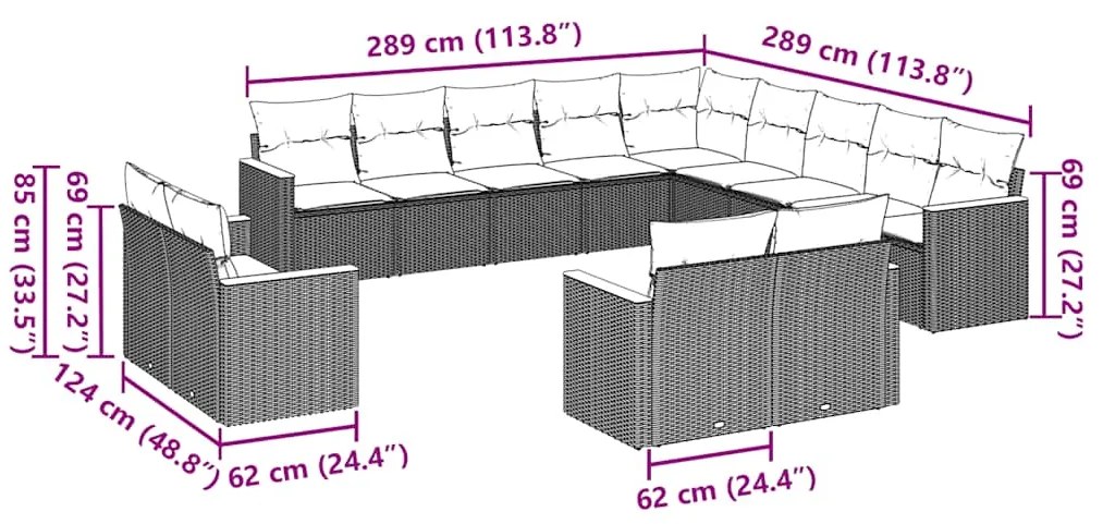 13 pcs conjunto de sofás de jardim com almofadões vime PE preto