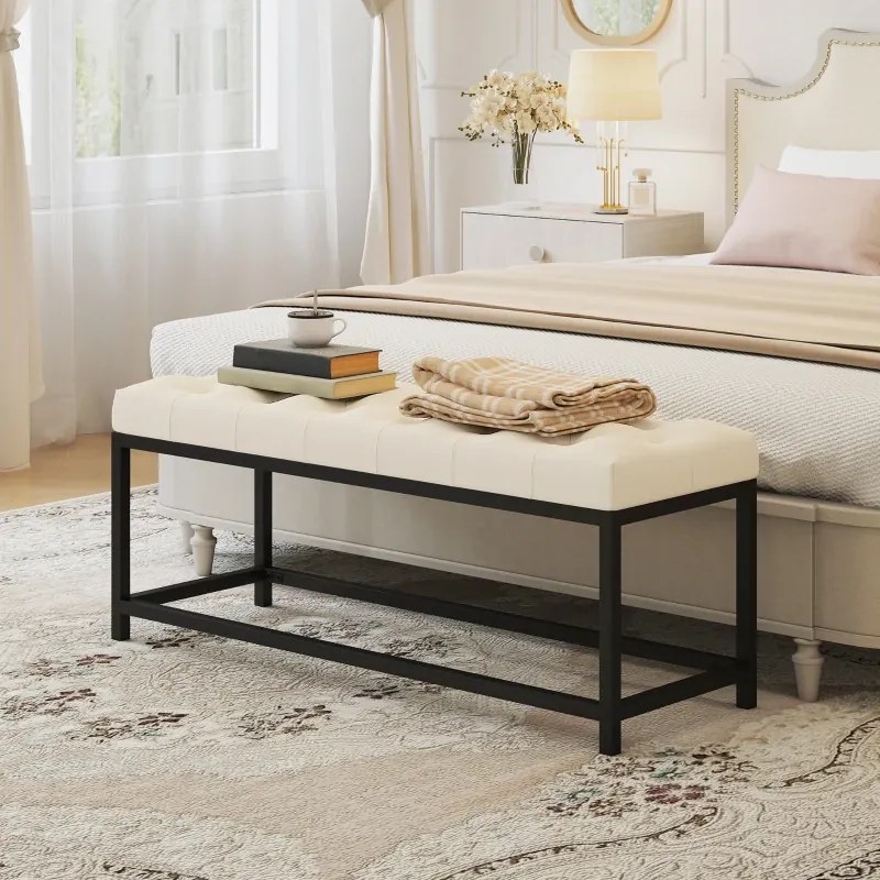 Banco entrada ou ao Pés da Cama Estofado em Veludo 117x40x48 cm Design Capitonê Base de Metal Banco para Quarto Entrada Sala Creme