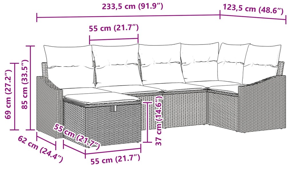 Conjunto de Sofás de Jardim de 6 Peças com Almofadas Bege em Poliratta