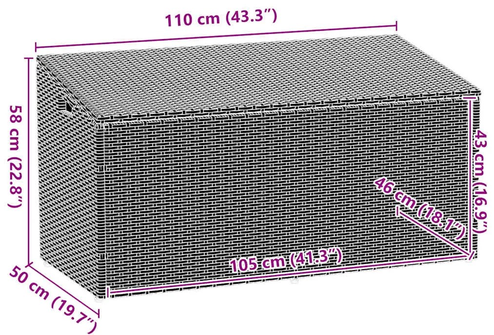 Caixa de arrumação para jardim 110x50x58 cm vime PE cinzento