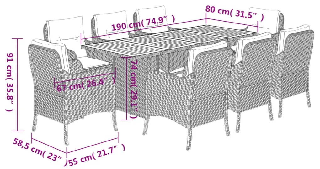 9 pcs conjunto de jantar p/ jardim c/ almofadões vime PE cinza