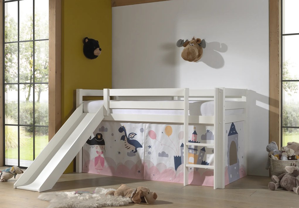 Cama alta de Criança PINO 90 x 200 cm + estrado + escada + escorrega + cortina Princesa Branca