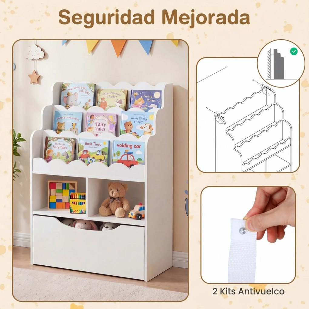 Estante Infantil para Brinquedos, 30 x 60 x 91 cm, Gaveta Removível com Rodas, Branco