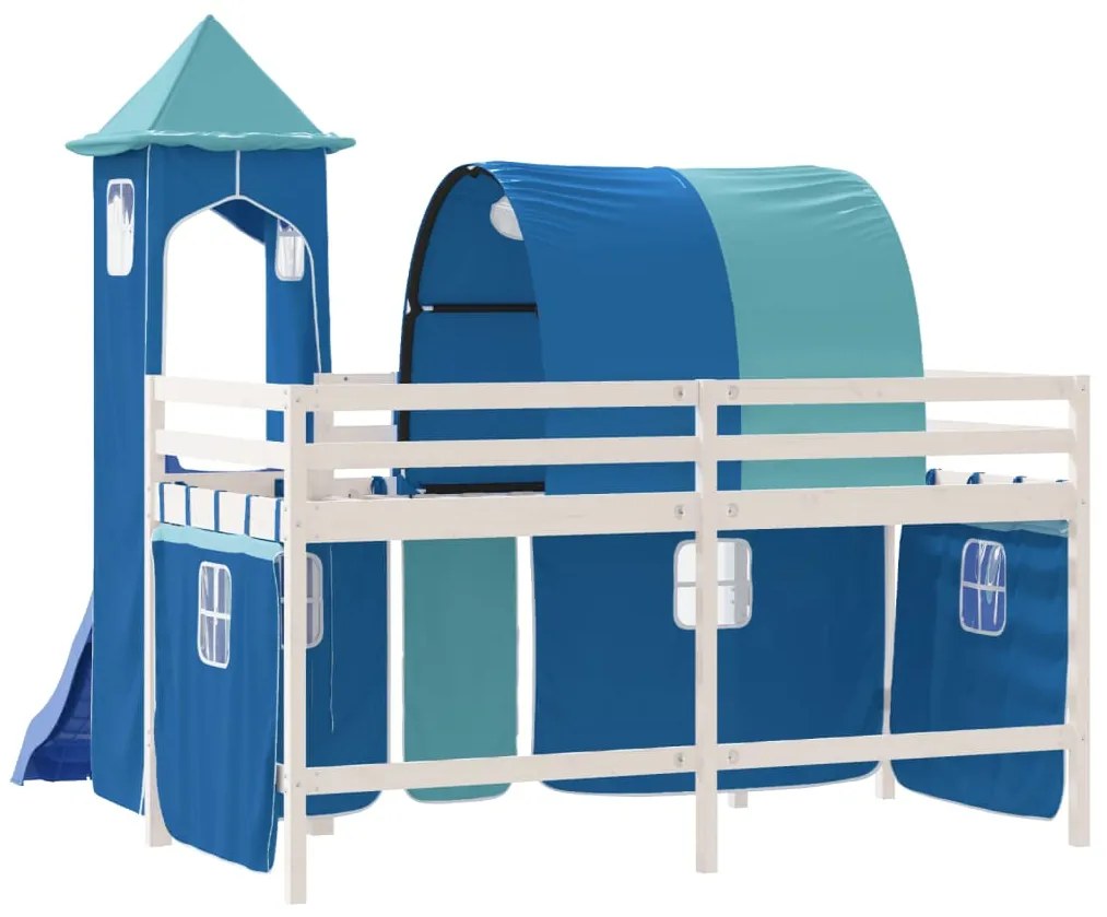 Cama alta para criança com torre 90x200 cm pinho maciço azul