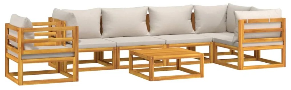 7pcs conjunto lounge de jardim madeira c/almofadões cinza-claro