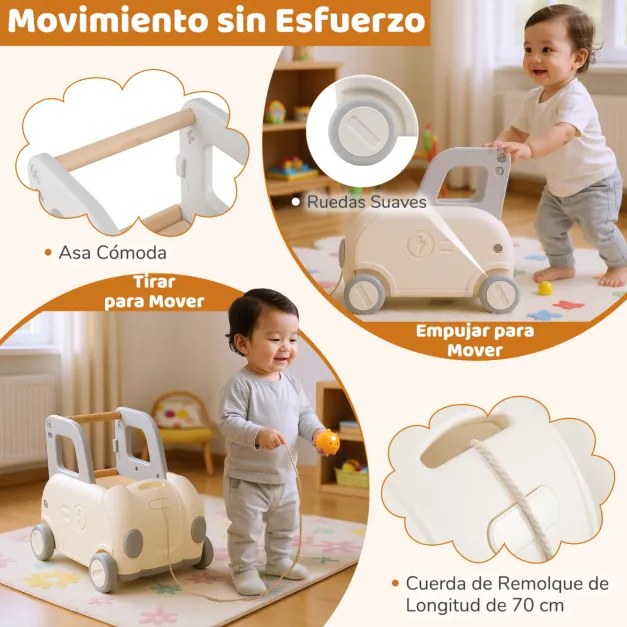 Andarilho de empurrar para crianças em forma de carro com corda de reboque, assento rebatível e rodas lisas 59 x 44 x 53 cm Branco