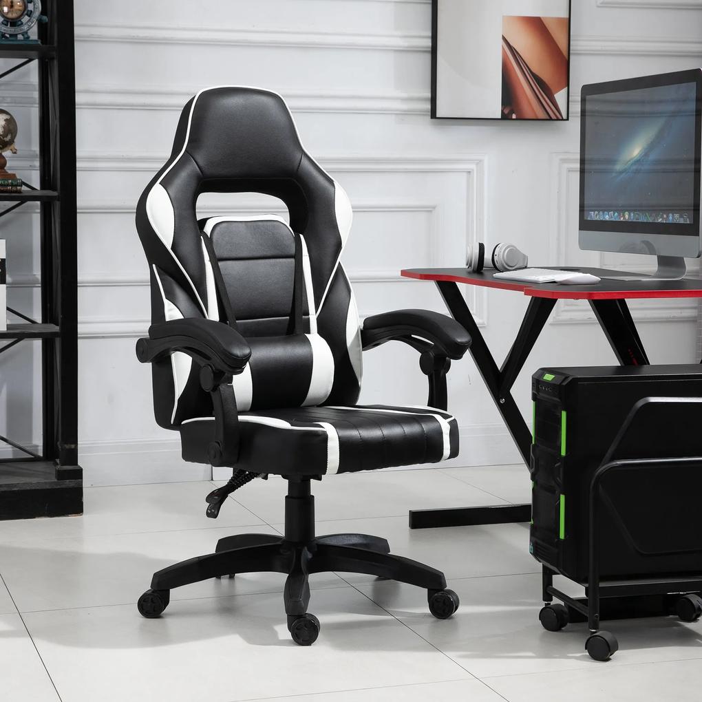 Vinsetto Cadeira gaming para escritório giratório reclinável até 135 ° com encosto alto Apoio de braço ajustável Assento acolchoado 64x69x119-129cm Branco e Preto