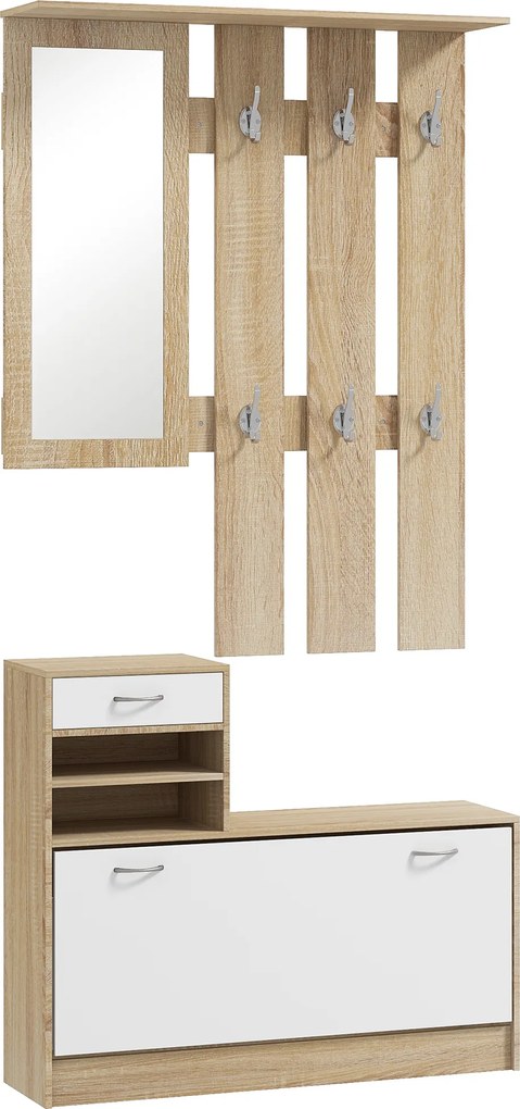 HOMCOM Móvel Cabide de Entrada de 3 Peças Armário de Entrada com Cabide Espelho Sapateira e Gaveta 90x10x102 cm Branco e Madeira | Aosom Portugal