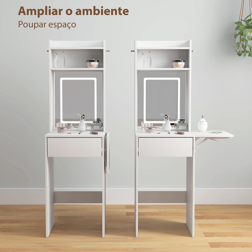 Toucador de Maquilhagem com Luzes LED de Cor Ajustável e Espelho Tocador com Lateral Rebatível Gaveta 45x45x152 cm Branco