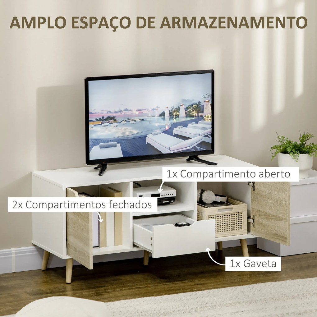 HOMCOM Móvel de TV com Gaveta 2 Portas e Prateleira Mesa de TV para Televisores de até 50 Polegadas Aparador de Sala de Estar 110x40x50cm Branco e Madeira