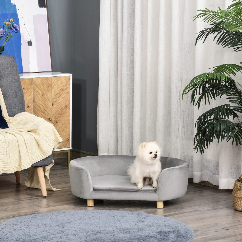 Sofá para Cães Pequenos com Pés de Madeira Almofada Removível e Capa Lavável  86x55x33 cm Cinzento Claro