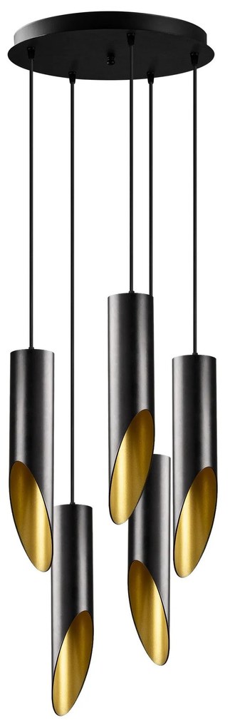 Candeeiro de Teto Kesik – Preto e Dourado – Diâmetro 43 cm, Altura 135