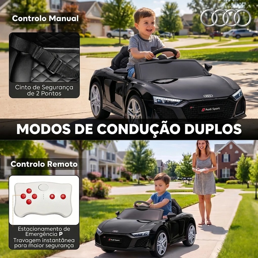 Carro Elétrico Infantil 2 a 5 anos Audi R8 Spider12 V com Comando à Distância 2,4 GHz 2 Motores Arranque Suave e Suspensão Traseira Preto