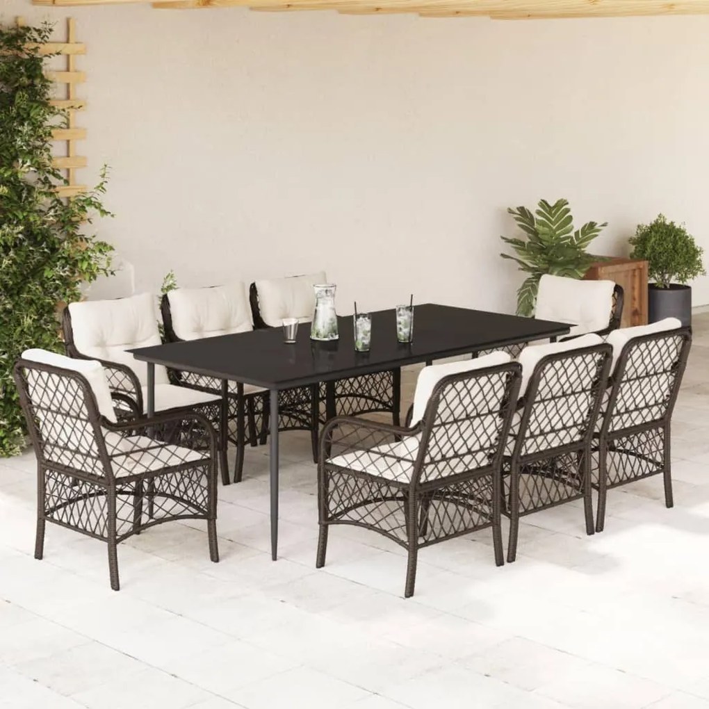 9 pcs conjunto jantar p/ jardim c/ almofadões vime PE castanho