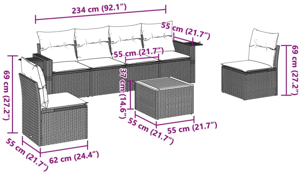 7 pcs conjunto sofás p/ jardim c/ almofadões vime PE cinzento