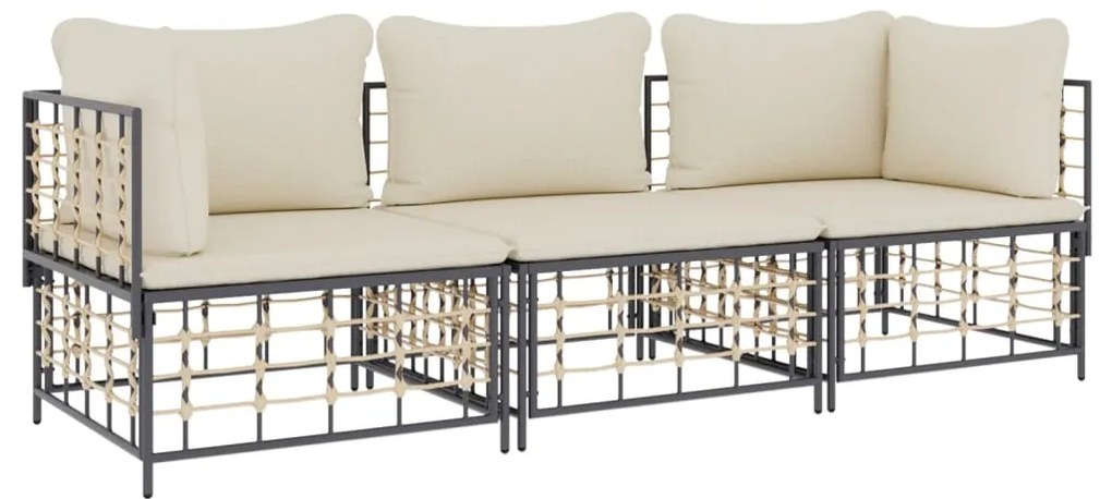 3 pcs conjunto lounge de jardim c/ almofadões vime PE antracite