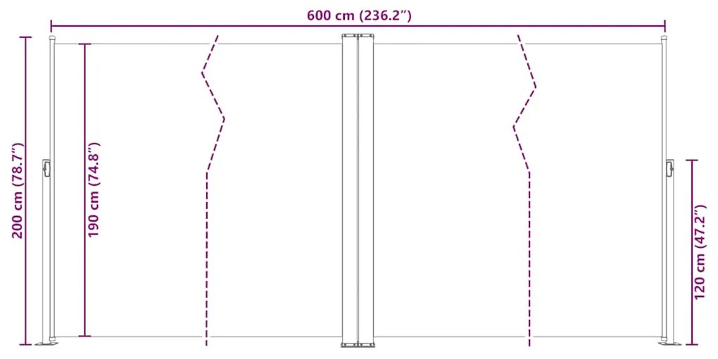 Toldo lateral retrátil 200x600 cm preto
