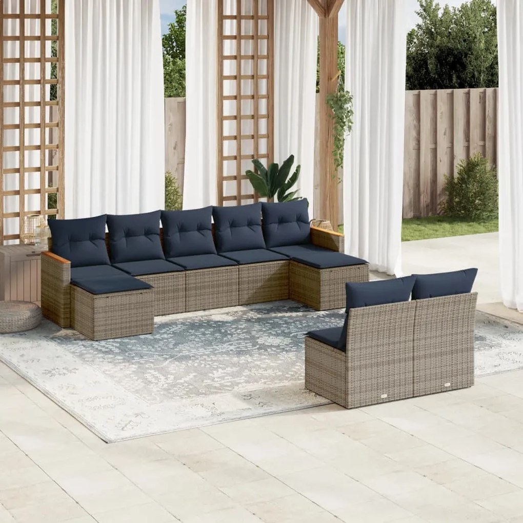 vidaXL 9 pcs conjunto sofás p/ jardim c/ almofadões vime PE cinzento