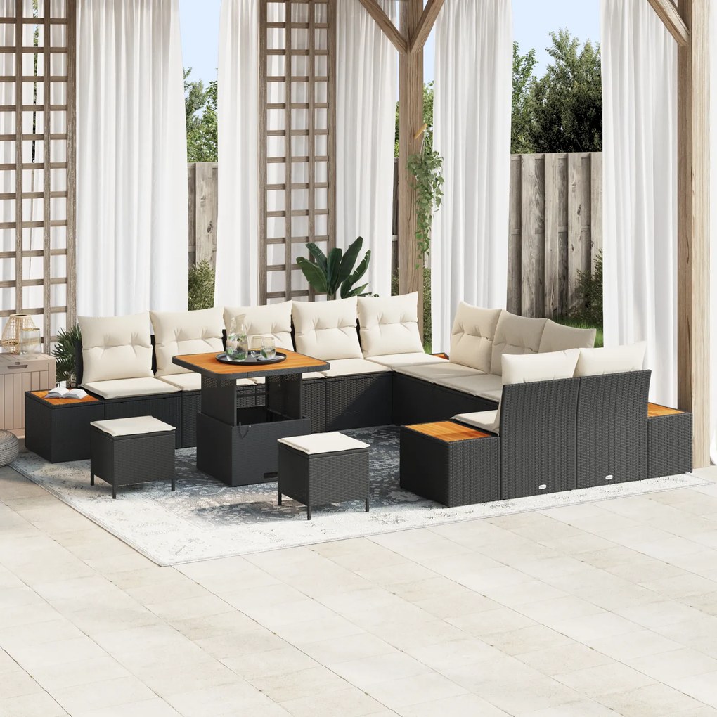 Conjunto de Sofá de Jardim de 13 Peças com Almofadas Preto Vime Sintét