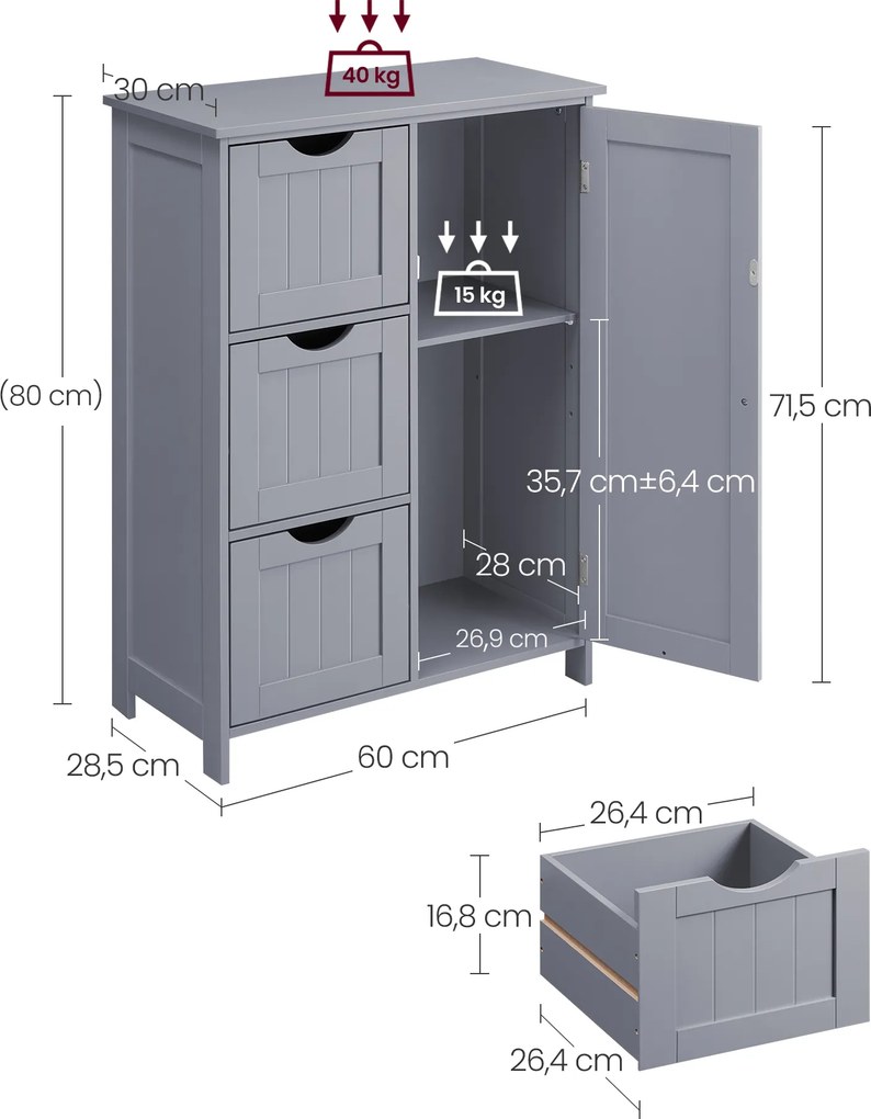 Armário de casa de banho com 3 gavetas e porta de armário 30 x 60 x 81 cm Cinzento