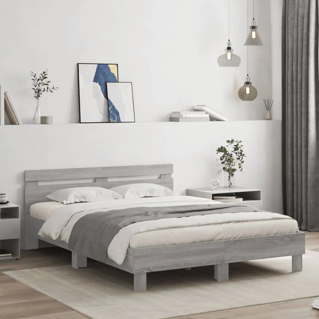 Estrutura cama c/ cabeceira/luzes LED 140x200cm cinzento sonoma