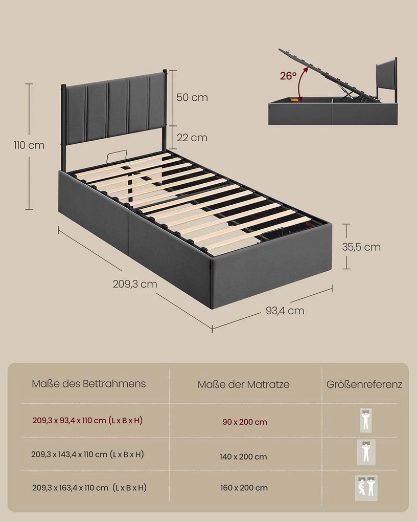 Estrutura de cama 90 x 200 cm com base de ripas rebatível (COLCHÃO NÃO INCLUÍDO) e arrumação debaixo da cama cinzento escuro