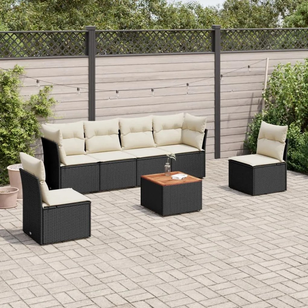 7 pcs conjunto de sofás p/ jardim c/ almofadões vime PE preto