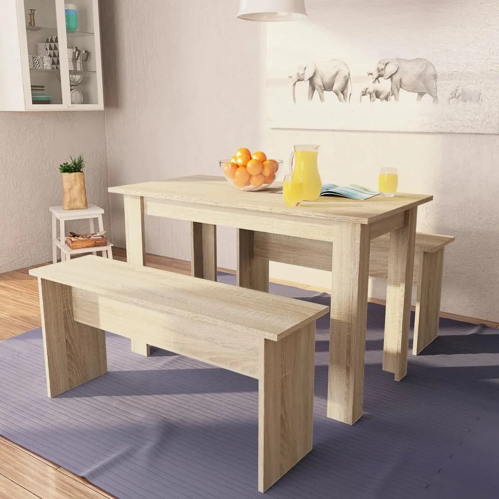 244866 vidaXL Mesa e bancos de jantar 3 pcs aglomerado carvalho