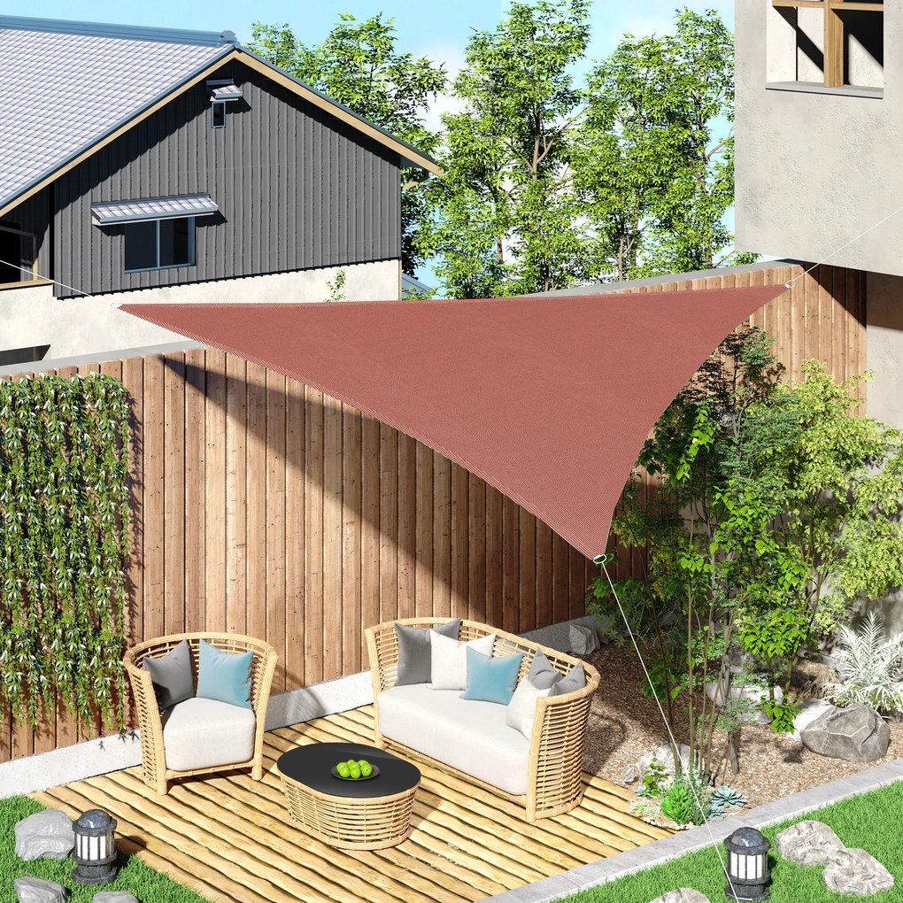 Outsunny Vela de Sombra Triangular 3x3x3 m Toldo Vela de HDPE com Proteção UV Aneis em Forma de D e Cordas para Jardim Pátio Piscina Vermelho Ferrugem