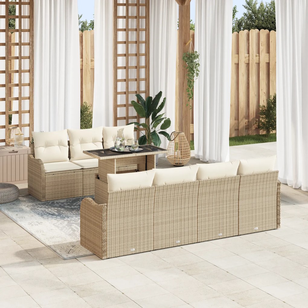 Conjunto de Sofás de Jardim com 8 Peças e Almofadas Beige Rattan Poli