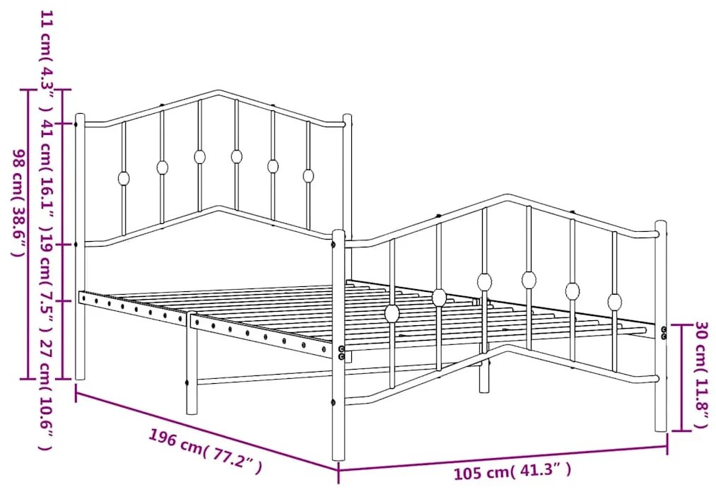 Estrutura de cama com cabeceira e pés 100x190 cm metal branco