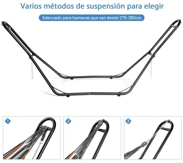 Suporte de rede descanso (Rede não íncluída) com 2 correntes e 2 ganchos em S Ideal com barras extensíveis 280 x 90 x 115 cm Preto