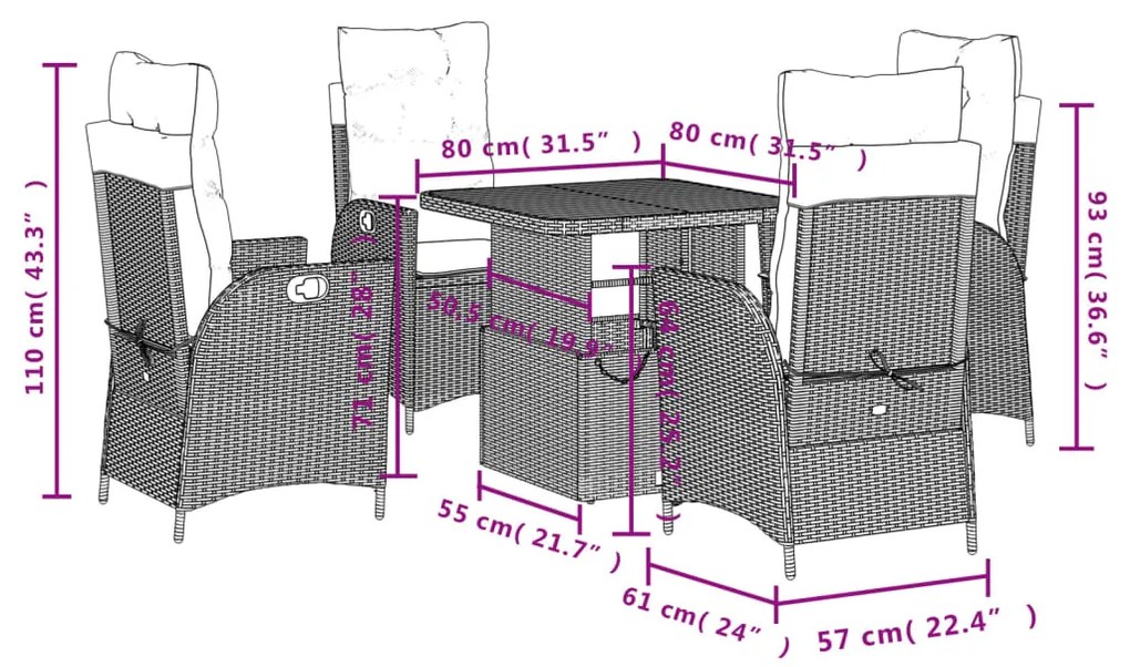 5 pcs conjunto de jantar p/ jardim c/ almofadões vime PE preto