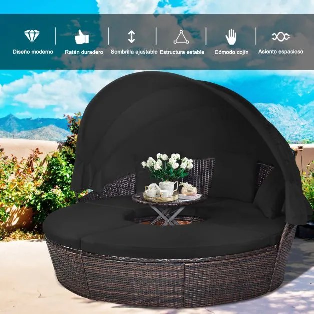 Cama de jardim redonda com Toldo retrátil Assentos separados Almofadas de vime de rattan Mesa de café Jardim Pátio castanho e Preto