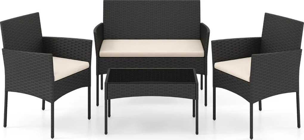 Conjunto de jardim em rattan de 4 peças, com 2 poltronas, sofá de 2 lugares, mesa auxiliar e almofadas de espuma, para alpendre, pátio ou terraço, Pre