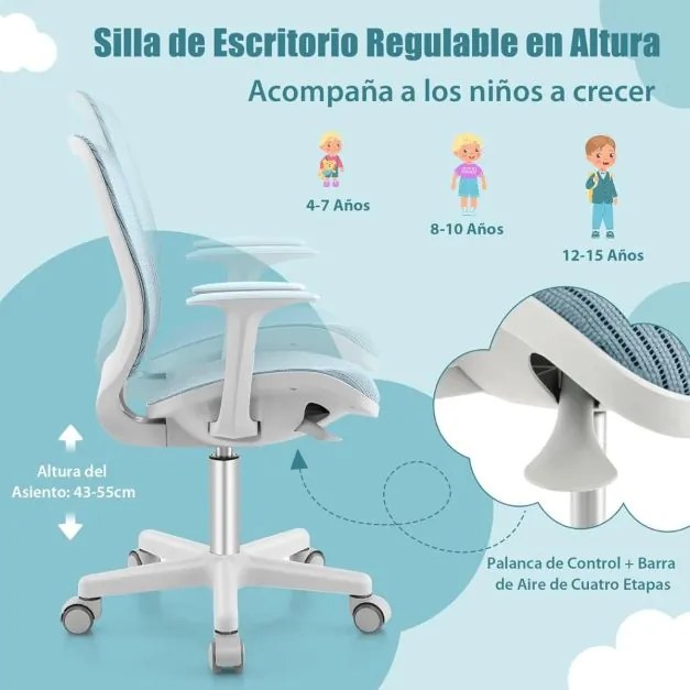 Cadeira giratória de escritório 360° para crianças de 6 a 15 anos Altura ajustável 43-55 cm Rodas com travão Malha respirável Azul