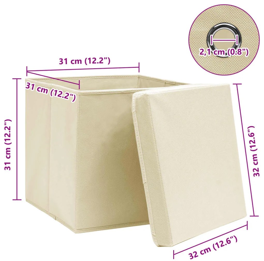 Caixas de arrumação com tampa 10 pcs 32x32x32 cm tecido creme