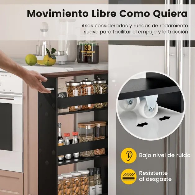 Carrinho de cozinha de armazenamento estreito para cozinha com 4 prateleiras e organizador móvel economiza espaço 48 x 13 x 81 cm Castanho + Preto