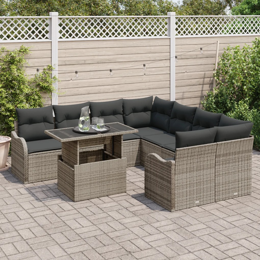 Conjunto de Sofá de Jardim vidaXL 9 Peças com Almofadas em Rattan Poli