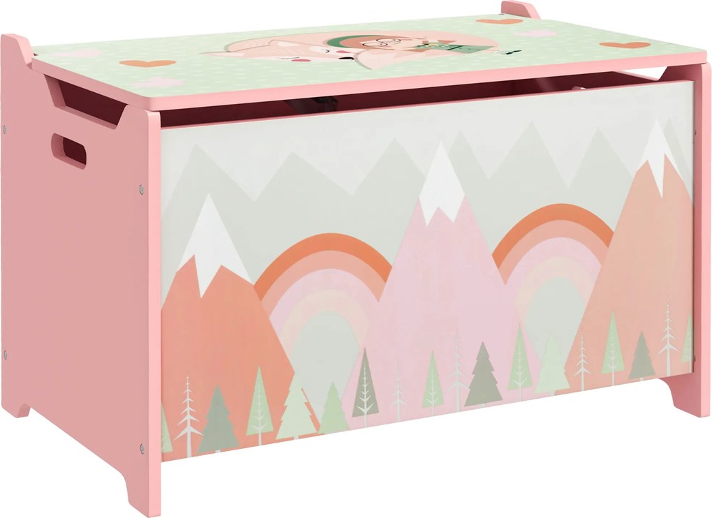 ZONEKIZ Caixa de armazenamento com espaço, Baú de brinquedos com tampa e dobradiça de segurança, design fofo de animais, 60 x 37 x 39 cm, Rosa | Aosom Portugal