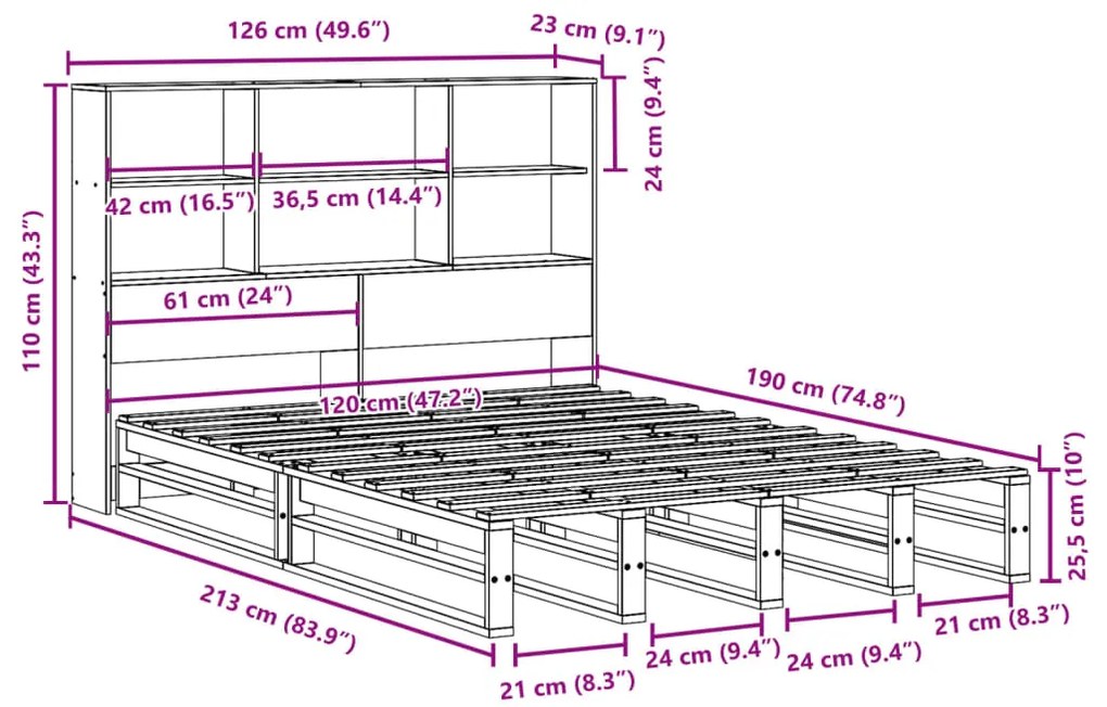 Cama com estante sem colchão 120x190 cm madeira maciça branco