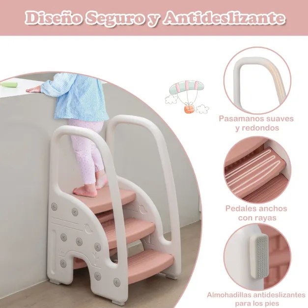 Banco de 3 degraus para crianças com alças de segurança Degraus antiderrapantes para cozinha e banheiro 43 x 42 x 70 cm Rosa