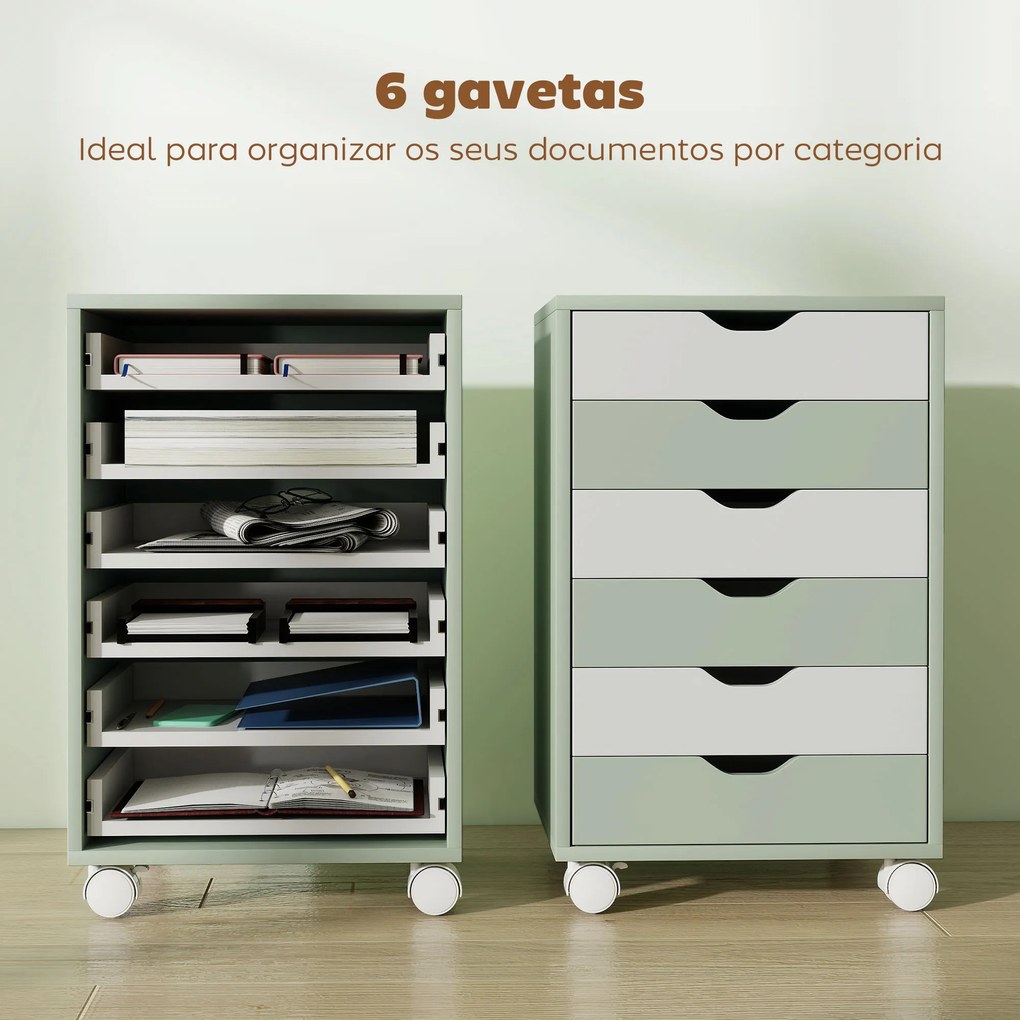 Bloco de Gavetas Móvel Arquivador com 6 Gavetas Suporte para Impressora com Rodas 40x35x63 cm Verde e Branco