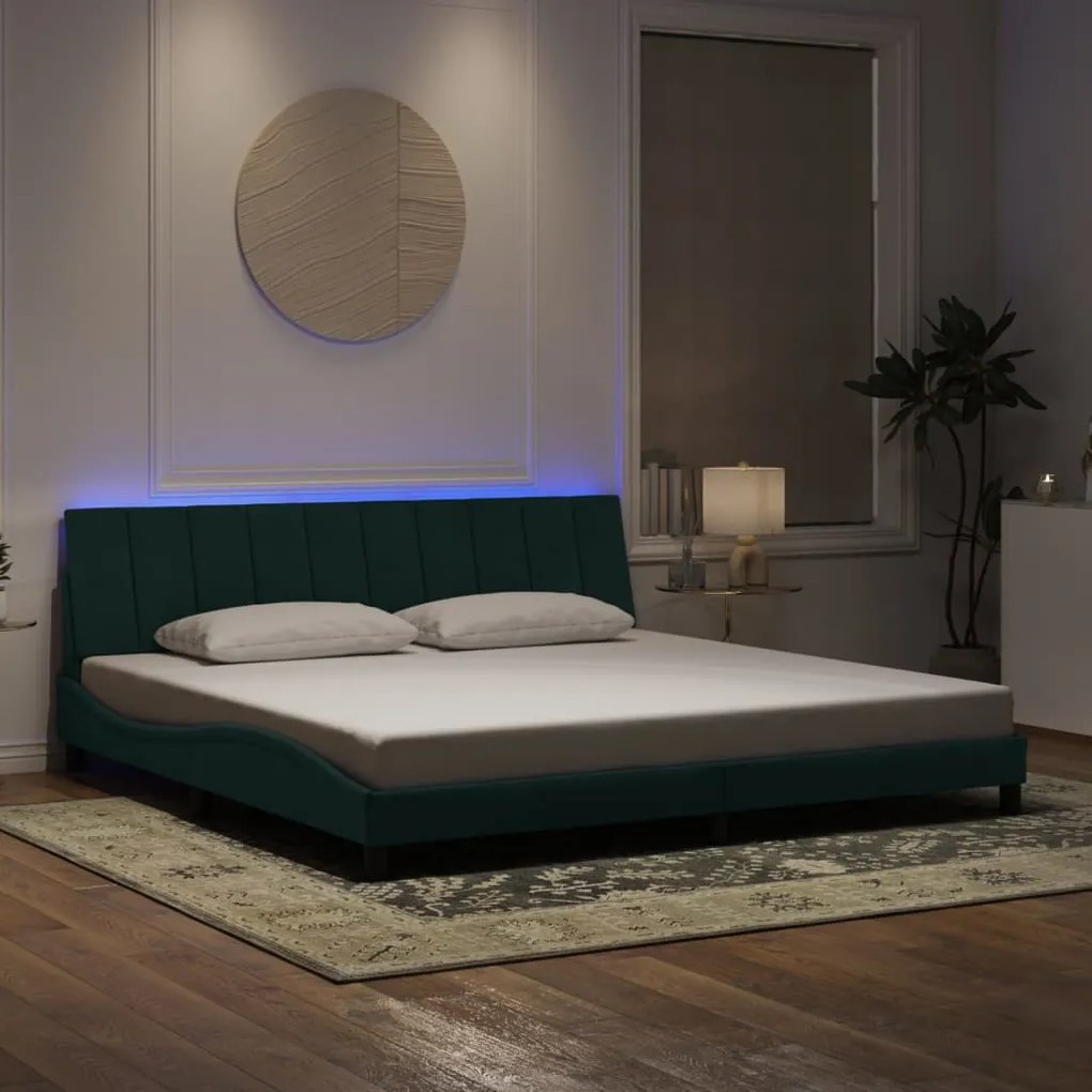 vidaXL Estrutura de cama com LED sem colchão Hanko 200x200 cm veludo verde-escuro