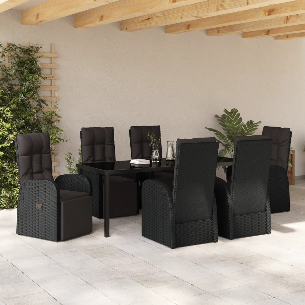 Conjunto de Jantar de Jardim de 7 Peças com Almofadas Preto Rattan de
