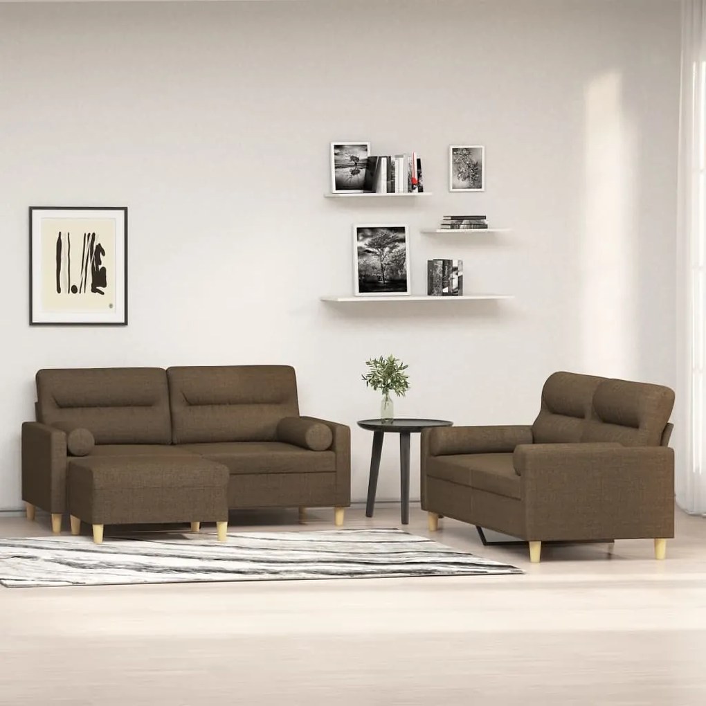 vidaXL 3 pcs conjunto de sofás c/ almofadões tecido castanho