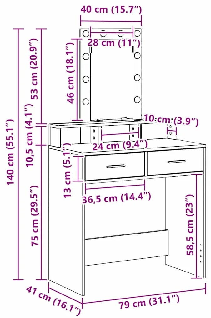 Mesa de Maquilhagem vidaXL com Luzes LED Cinza Sonoma 79x41x140 cm