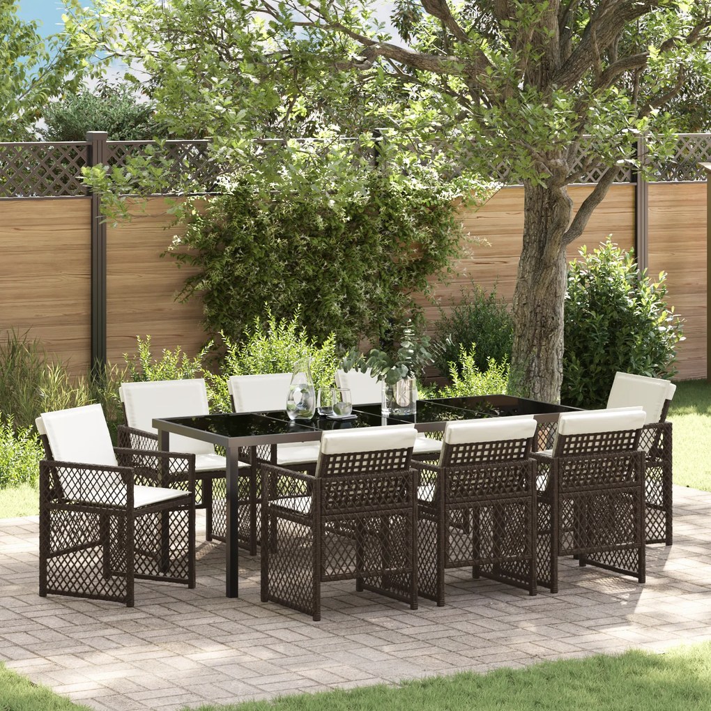 Conjunto de Jantar para Jardim vidaXL de 9 peças com Almofadas em Vime Castanho