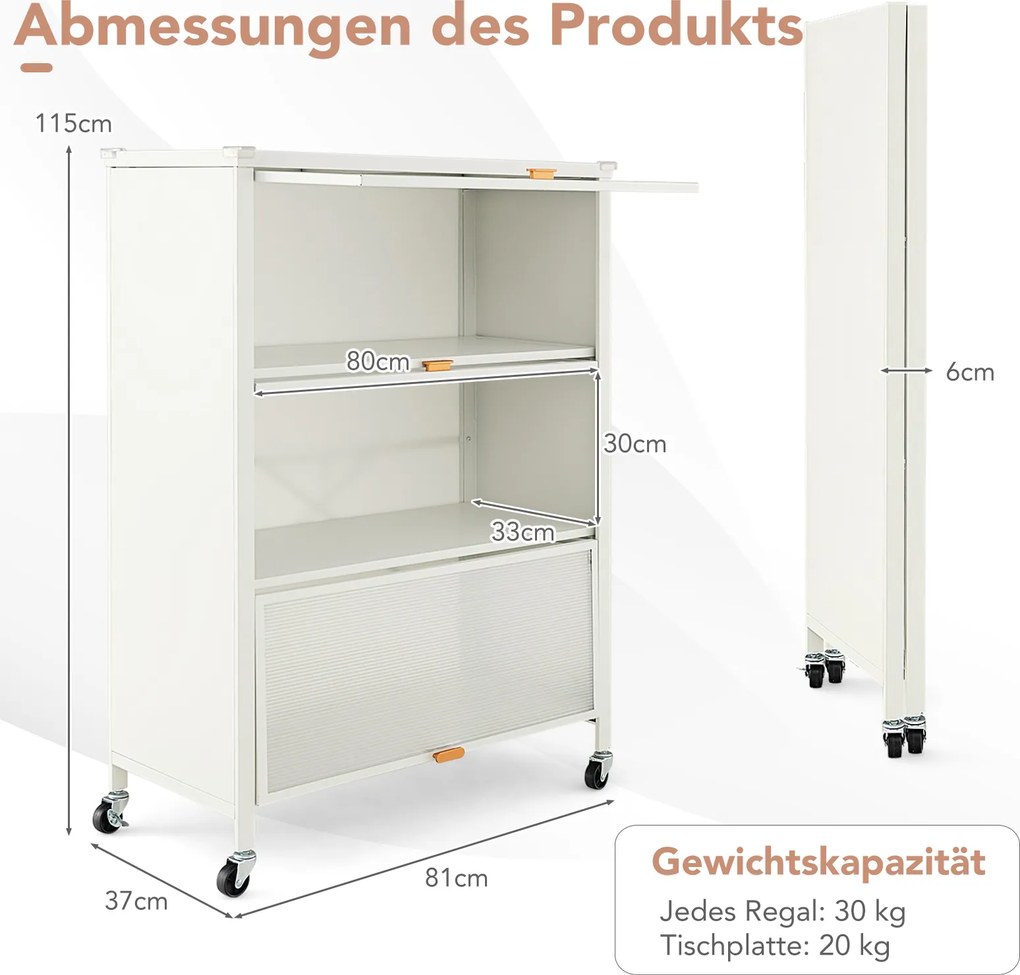 Estante de cozinha de 3 níveis com rodas com portas rebatíveis 81 x 37 x 115 cm branco